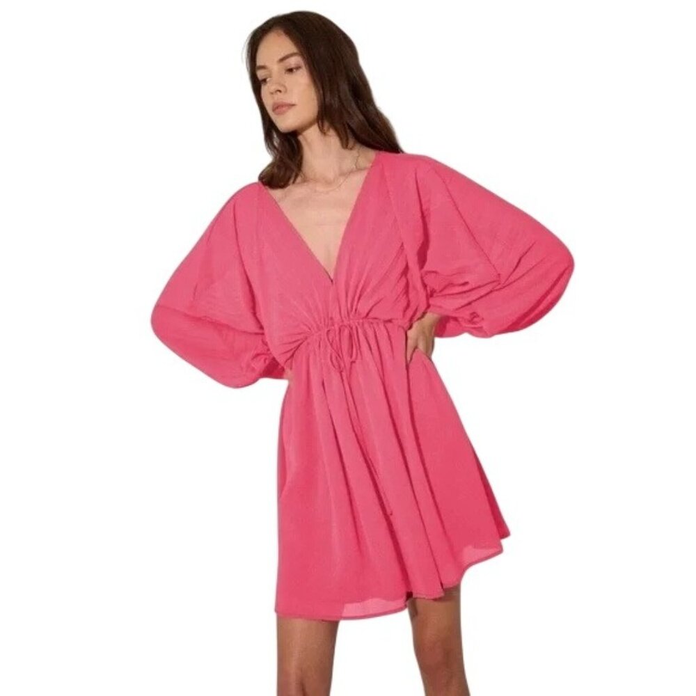 Promesa Pleated Mini Dress Size Small V Neck Pink Bubble Gum Feminine Flowy NEW